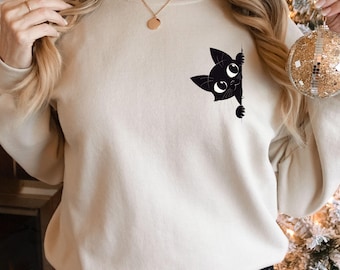 Black Cat Pocket Print Halloween Sweatshirt