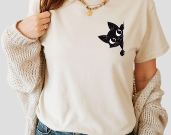 Black Cat Pocket Halloween T-Shirt