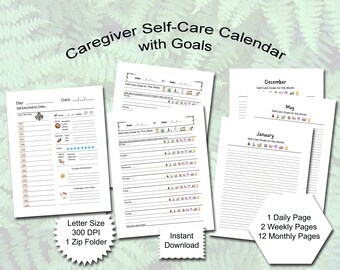 Caregiver Self-Care Goals Calendar, Caregiver Self-Care Daily Goals, Self-Care Weekly Goals, Self-Care Monthly Goals, Self-Care Daily Goals