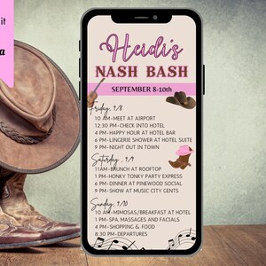 Digital Bachelorette Itinerary Nashville Template, Bachelorette Nash Bash Template, Editable with Canva Bachelorette Nashville Weekend