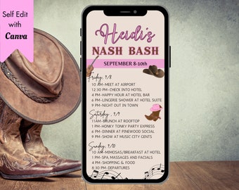 Digital Nashville Bachelorette Itinerary Template, Nash Bash, Editable Canva (Digital Download)