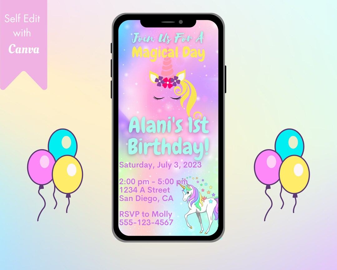 Digital Pastel Unicorn 1st Birthday Invitation, Editable Age ...