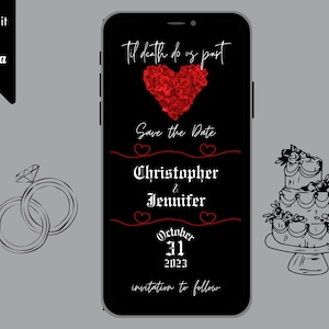 Digital Red Heart Save the Date Invitation, Editable Save the Date Evite, Goth Wedding, Black Red Template, Editable Text, Instant Download