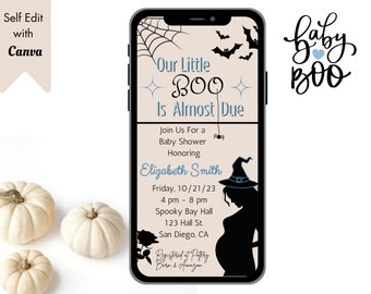 May include: A Halloween-themed baby shower invitation featuring a black silhouette of a pregnant woman wearing a witch's hat. The invitation reads "Our Little Boo Is Almost Due" and includes details for the shower, including the date, time, location, and registry information.