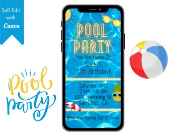 Digital Pool Birthday Party Invitation, Editable AGE, Summer Birthday Digital Text Invite, Pool Party, Electronic Invite, Editable Template