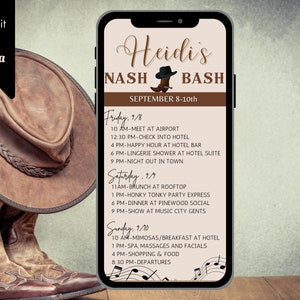 Digital Bachelorette Itinerary Nashville Template, Bachelorette Nash Bash Template, Editable with Canva Bachelorette Nashville Weekend