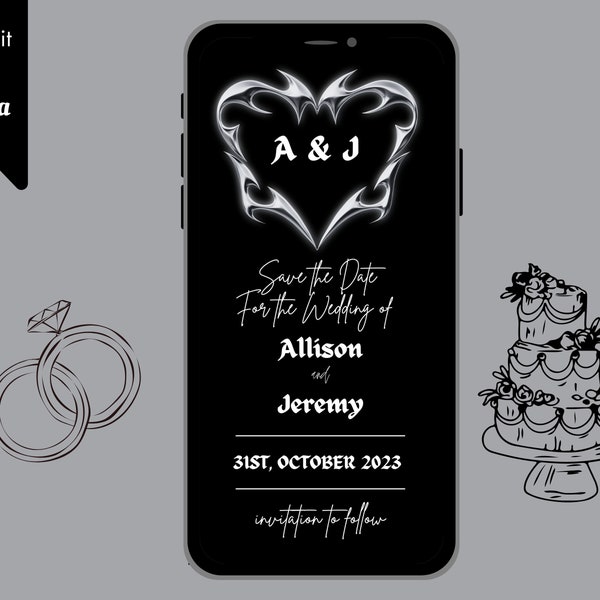 Digital GOTHIC Save the Date Invite, Editable Evite, Black and Gray, Metallic Heart, Goth Save the Date Halloween Template, Text Invite