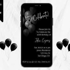 Digital 60th Birthday Invite, Editable AGE, Black and White Let&#39;s Celebrate Birthday Invitation, Text Invite, Instant Download, Minimal