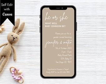 Modern Gender Reveal Invitation, Minimalist He or She Invite (Digital Download)