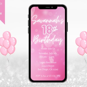 Digital Pink and White 18 Birthday Party Invitation, Electronic Phone Text Evite, Pink, Editable Template, Instant Download, Self Edit