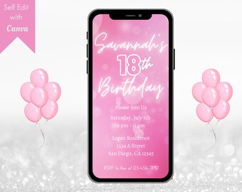 Pink 18th Birthday Invitation, Editable Phone Evite (Digital Download)