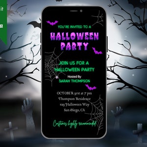 Digital Halloween Party Invitation, Electronic Halloween Text Evite, Purple Green Spiderweb Bats, Editable Template, Instant Download, Text