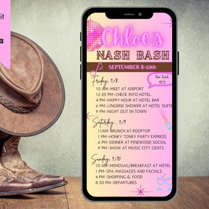 Digital Bachelorette Pink Neon Itinerary Nashville Template, Bachelorette Nash Bash, Editable with Canva, Bachelorette Nashville Weekend