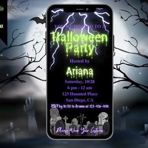 Digital Halloween Party Invite, Cemetary Lightning Halloween Party Invitation, Neon Green and Purple Editable Template, Text Evite, SMS