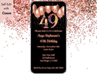 Invito digitale per la festa del 49° compleanno in nero e oro rosa, invito modificabile per la festa del 49° compleanno, coriandoli con palloncini in oro rosa, invito con testo mobile