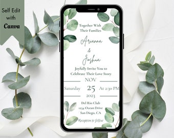 Eucalyptus Wedding Invitation Template, Greenery Evite (Digital Download)