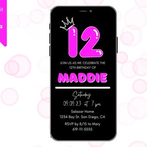 Digital 12th Birthday Invite, Text Editable Template, SMS Invite, Bubbly Princess 12 Neon Hot Pink Digital Bday Invite, Instant Download