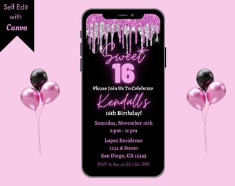 Pink Glitter Sweet 16 Invitation, Editable Phone Evite (Digital Download)