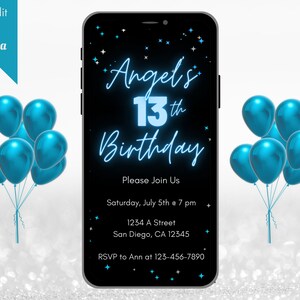 Digital Blue and Silver Stars 13th Birthday Party Invitation, Electronic Phone Text Evite, Editable Template, Instant Download, Editable
