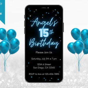 Digital Blue and Silver Stars 15th Birthday Party Invitation, Electronic Phone Text Evite, Editable Template, Instant Download, Editable