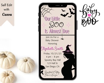 May include: A Halloween-themed baby shower invitation featuring a black silhouette of a pregnant woman wearing a witch's hat. The invitation reads "Our Little BOO Is Almost Due" and includes the date, time, and location of the event. The text "baby BOO" is written in pink and black cursive with a pink heart.