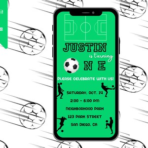 Digitale 1. Geburtstags-Fußball-Einladung, bearbeitbare Vorlage, Kinder-Fußball-Party einladen, Text einladen, elektronische Fußball-Geburtstags-Party einladen, Evite