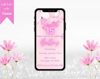 Digital Pink Sweet 15 Birthday Party Invitation, Electronic Text Evite, Editable Template, Instant Download, Pink Flowers, 15th Bday Party