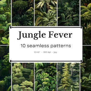 May include: A set of 10 seamless jungle patterns, featuring lush green foliage, palm trees, and tropical plants. The patterns are 12 inches by 12 inches and 300 dpi, in JPG format. The text "Jungle Fever" is displayed in a bold font.