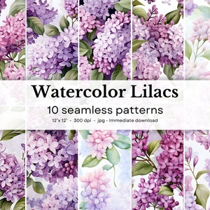 Lilas de acuarela - 10 patrones sin fisuras, 12'x12', 300dpi - paquete de papel digital transparente - Scrapbooking, fondo digital