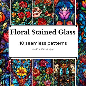 Floral Stained Glass - 10 seamless patterns. 12&#39;x12&#39;, 300dpi - seamless digital paper pack - Scrapbooking, digital background
