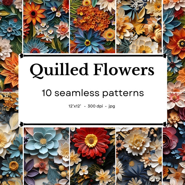 Quill Art  Flowers - 10 seamless patterns, 12'x12', 300dpi - seamless digital paper pack - Scrapbooking, digital background - Paper Art
