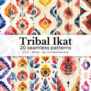 May include: A collection of 20 seamless Tribal Ikat patterns. The designs feature watercolor-style floral and geometric motifs in shades of blue, orange, red, and purple. The text "Tribal Ikat" and product details are displayed.