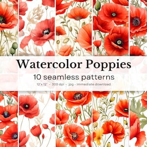 Coquelicots aquarelle - 10 modèles sans couture, 12'x12', 300dpi - pack de papier numérique sans soudure - Scrapbooking, fond numérique