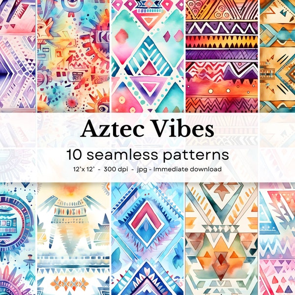 Aztec Vibes - 10 Aquarell Muster, 30'x30', 300dpi, 300dpi, digitales Papier, 300dpi, Scrapbooking, digitaler Hintergrund, ...