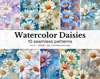 Watercolor Daisies - 10 seamless patterns, 12'x12', 300dpi - seamless digital paper pack - Scrapbooking, digital background