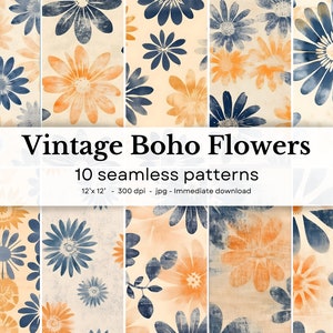 Vintage Boho Flowers - 10 seamless patterns, 12&#39;x12&#39;, 300dpi - seamless digital paper pack - Scrapbooking, digital background