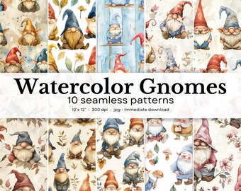 Watercolor Gnomes - 10 seamless patterns, 12&#39;x12&#39;, 300dpi - seamless digital paper pack - Scrapbooking, digital background