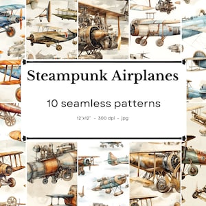 Steampunk Airplanes - 10 watercolor seamless patterns, 12&#39;x12&#39;, 300dpi - seamless digital paper pack - Scrapbooking, digital background