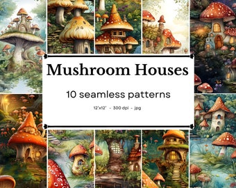 Enchanted Mushroom Houses - 10  watercolor seamless patterns, 12'x12', 300dpi - seamless digital paper - Scrapbooking, digital background