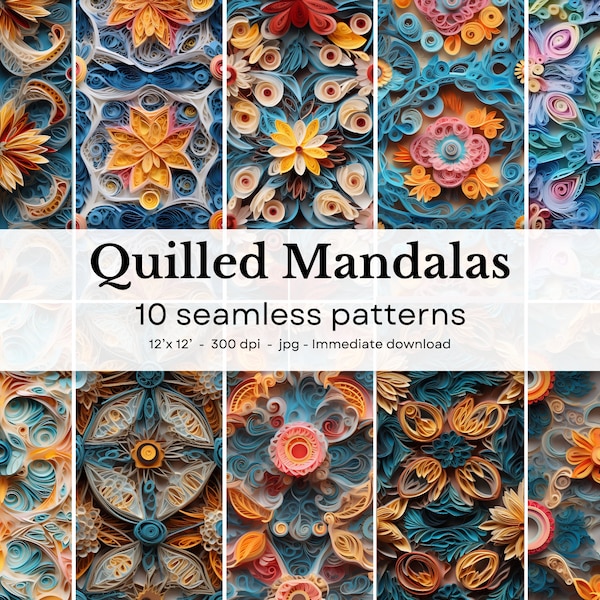 Quilled Mandalas -  10 seamless  patterns, 12'x12', 300dpi - seamless digital paper pack - Scrapbooking, digital background