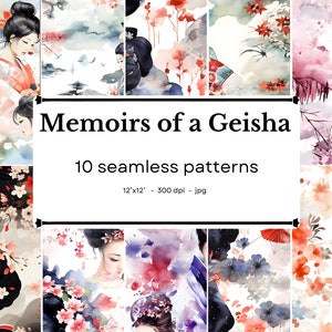Può includere: Un collage digitale di 10 motivi senza cuciture con illustrazioni ad acquerello di geishe e fiori di ciliegio. I motivi misurano 30,48 cm per 30,48 cm e 300 dpi. Il titolo "Memoirs of a Geisha" è visualizzato al centro del collage.