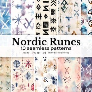 Puede incluir: Una obra de arte digital que muestra diez patrones sin costuras con runas nórdicas. Los patrones presentan texturas de acuarela en varios colores, incluyendo azul, morado y beige. El texto "Nordic Runes" y "10 seamless patterns" es visible.