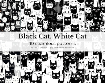 May include: Ten black and white seamless patterns featuring cute cartoon cats. Each pattern is 30.5 cm by 30.5 cm and 300 dpi.