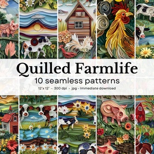 Quilled Farmlife - 10 padrões sem costura, 12'x12', 300dpi - pacote de papel digital sem costura - Scrapbooking, fundo digital