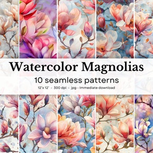 Op de afbeelding: Tien naadloze digitale patronen met aquarel illustraties van roze, witte en paarse magnolia bloemen. De patronen zijn 30,5 cm bij 30,5 cm en 300 dpi.