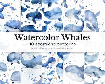 Watercolor Whales - 10 seamless patterns, 12&#39;x12&#39;, 300dpi - seamless digital paper pack - Scrapbooking, digital background