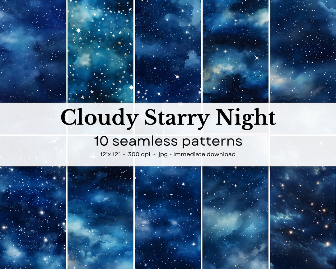 Starry Pattern Pack Cloudy Starry Nights - 10 Watercolor Seamless Patterns, 12'x12', 300dpi ...