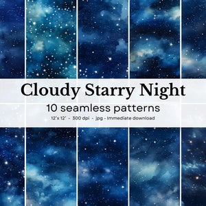 Cloudy Starry Nights - 10 motifs aquarelles sans couture, 12'x12', 300dpi - pack papier numérique sans couture - Scrapbooking, fond numérique
