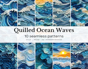 Quilled Ocean Waves - 10 seamless patterns, 12'x12', 300dpi - seamless digital paper pack - Scrapbooking, digital background