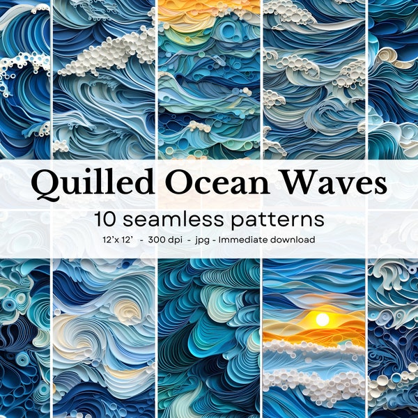 Quilled Ocean Waves - 10 modèles sans couture, 12'x12', 300dpi - pack de papier numérique sans soudure - Scrapbooking, fond numérique